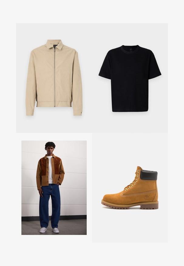 Bež jakna iz lahkega materiala z zadrgo spredaj, ovratnikom, stranskimi žepi in elastičnimi manšetami. Gladka tekstura in eleganten dizajn brez vidnih vzorcev.; Črna bombažna majica s krojem okoli vratu, kratkimi rokavi in ravnim krojem. Ima minimalno šivanje in mehko, gladko teksturo.; Moški stoji v notranjosti, oblečen v rjav žametni jopič z rjavimi madeži, bel t-shirt, ohlapne modre kavbojke in bele superge.; Svetlo rjave anklne čizme iz semiša z črnim oblazinjenim ovratnikom, zlatimi kovinskimi očesci, belimi šivi in robustnim gumijastim podplatom s izrazitimi tredi.