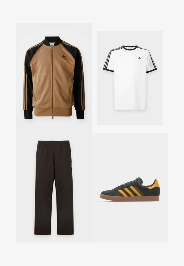 Ruskea ja musta vetoketjullinen bomber-takki, jossa on sileä pinta, resorit hihansuissa ja kolme mustaa raitaa hihoissa. Rintapielessä logo.; Valkoinen puuvillapaita, jossa on mustat ribbiääriviivat kauluksessa ja hihoissa, ja kummassakin olkapäässä kolme mustaa raitaa sekä pieni logo rinnassa.; Mustat collegehousut, joissa on joustava vyötärönauha, suora lahjemalli ja hillitty logokoriste sivulla. Valmistettu pehmeästä, sileästä kankaasta.; Mustat samettiset tennarit, joissa on keltaisia yksityiskohtia, kolmonen raita ja ruskea kumipohja. Sisältää pehmustetun kielisen mukavuutta varten.