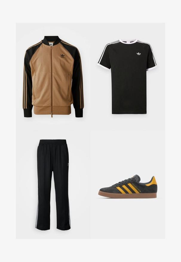 Brown and black zip-up bomber jacket featuring a smooth texture, ribbed cuffs, and three black stripes down the sleeves. Logo on chest.; Black t-shirt made of cotton with white accents. Features short sleeves, raglan design, and a small logo on the chest. Three white stripes on shoulders.; Black athletic pants with an elastic waistband, featuring white side stripes and a small logo. Material appears soft and lightweight.; Black suede sneaker with yellow accents, featuring three stripes and a brown rubber sole. Includes a padded tongue for comfort.