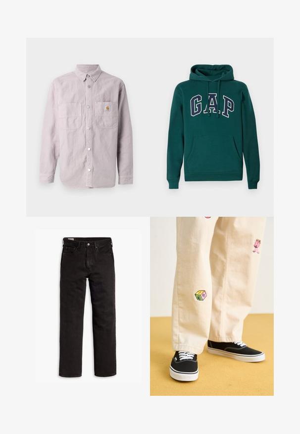 Lichtpaars langemouwen shirt gemaakt van katoen, met een knoopsluiting aan de voorkant, twee borstzakken en een merkembleem op de linker zak.; Donkergroene hoodie van een katoenmix, met een groot "G.A.P." logo in wit en marineblauw, een voorste kangoeroezak en een capuchon met trekkoord.; Zwarte recht gesneden denim jeans met vijf zakken, knoopsluiting en riemlussen, plat gelegd op een witte achtergrond.; Beige katoenen broek met speelse geborduurde ontwerpen, waaronder een roze figuur en een gekleurd blok, gecombineerd met zwarte veterschoenen.