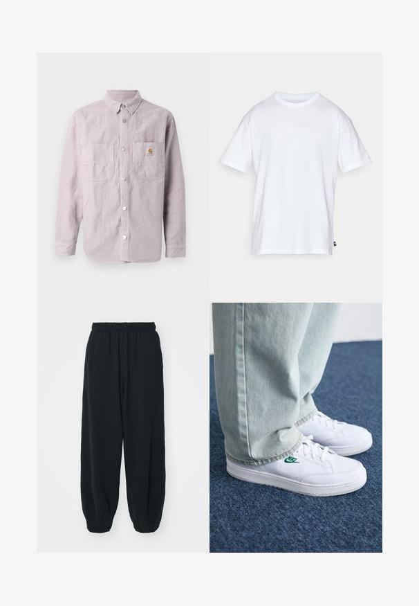Light purple long-sleeve shirt made of cotton, featuring a button-up front, two chest pockets, and branded patch on the left pocket.; White cotton t-shirt with short sleeves and a round neck. Features a small, subtle Nike logo on the chest and a side label.; Black, elasticated-waist sweatpants with a loose fit, cuffed ankles, smooth texture, and no visible patterns or hardware accents.; White leather sneakers with green Nike logo, round toe, flat sole, paired with light blue denim pants, shown on a blue carpet.
