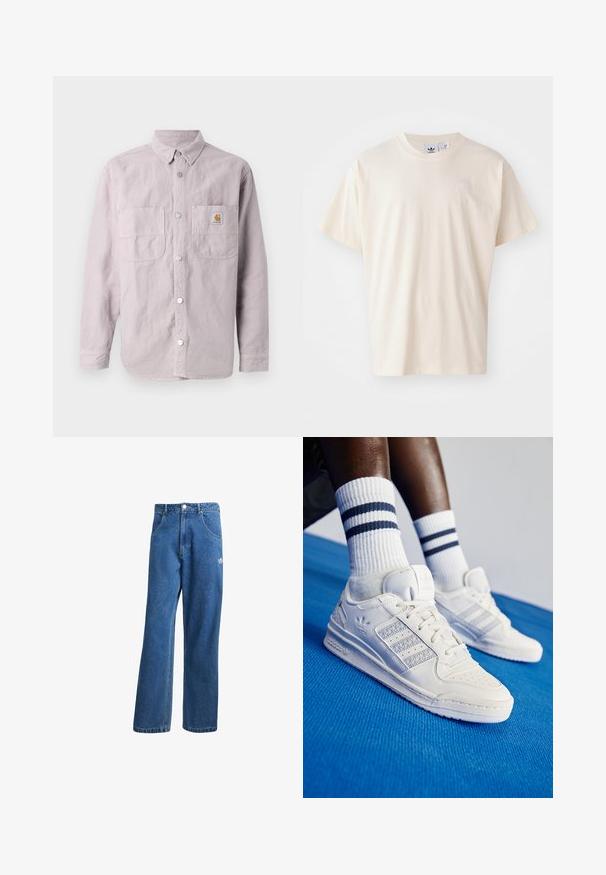 Šviesiai violetinė ilgas rankoves marškiniai iš medvilnės, su mygtukais priekyje, dviem krūtinės kišenėmis ir prekės ženklo etikete kairėje kišenėje.; Kremo spalvos medvilnės marškinėliai su apvaliu iškirpimu ir trumpomis rankovėmis; ant krūtinės yra mažas, šviesios spalvos logotipas.; Mėlynos aukštu liemeniu plačios džinsinės kelnės su priekinėmis kišenėmis, diržo kilpos, sagčių uždarymu ir mažu Adidas logotipu dešinėje šlaunyje.; Baltos odinės sportbačiai su perforuotais akcentais, trimis metalinėmis juostelėmis ir tekstūruotu šoniniu skydeliu. Dėvimi su baltais kojiniais, turinčiais mėlynas juosteles.