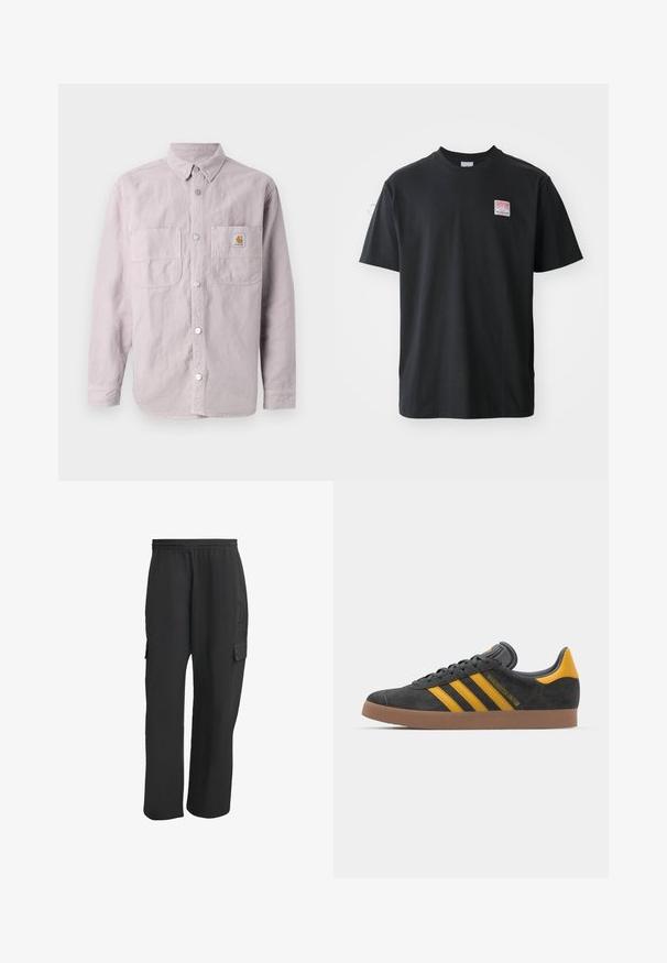 Light purple long-sleeve shirt made of cotton, featuring a button-up front, two chest pockets, and branded patch on the left pocket.; Black cotton t-shirt with a crew neck, short sleeves, and a small colored label on the left chest featuring the word "SUPERIOR."; Black cargo pants with an elastic waistband, featuring side pockets, loose fit, and a textured fabric. Designed for comfort and utility.; Black suede sneaker with yellow accents, featuring three stripes and a brown rubber sole. Includes a padded tongue for comfort.