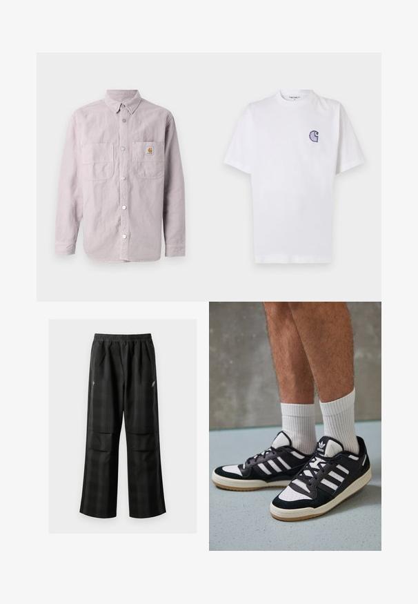 Lichtpaars langemouwen shirt gemaakt van katoen, met een knoopsluiting aan de voorkant, twee borstzakken en een merkembleem op de linker zak.; Wit katoenen T-shirt met korte mouwen, ronde hals en een klein, geborduurd blauw "C"-logo op het linker borstgebied.; Zwarte geruite broek met een elastische tailleband, twee voorzakken en een losse pasvorm met een rechte pijpdesign. Gemaakt van lichtgewicht materiaal.; Zwart-witte sneakers met een bovenwerk van suede en leer, voorzien van drie witte strepen, een geperforeerde neus en een rubberen gumzool.