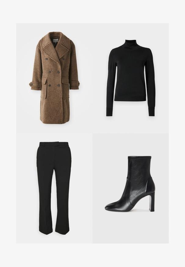 Ruskea ruutukuosiset kaksiriviset takki, jossa on suuret kaulukset, kaksi etutaskua ja napitetut hihansuut. Valmistettu tekstuuritusta, kudotusta kankaasta.; Musta pitkähihaisen pooloneuleen, jossa on ribbikuvioiset hihansuut ja helma, esitetty yksinkertaisella valkoisella taustalla.; Musta räätälöity housut suoran lahkeen muotoilulla, joissa on vyölenkit ja sivutaskut. Valmistettu sileästä kankaasta, jossa on siisti viimeistely.; Mustan nahkaisen nilkkureiden tyylikäs muotoilu, terävä kärki ja korkea paksu korko. Ominaisuuksiin kuuluu sileä pinta ja minimalistinen ommelkoristelu.