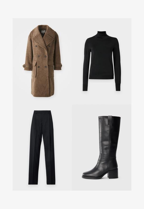 Brown plaid double-breasted coat with large lapels, two front pockets, and buttoned cuffs. Made from textured, woven fabric.; Black long-sleeve turtleneck sweater with ribbed cuffs and hem, displayed on a plain white background.; Black trousers made from smooth fabric featuring a high waist, wide legs, front pleats, and classic belt loops. No side pockets visible.; Black leather knee-high boots with a smooth texture, square toe, block heel, and side pull tab, featuring minimal stitching details.