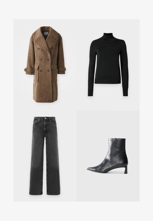 Manteau croisé à carreaux marron avec grands revers, deux poches avant et poignets à boutons. Fabriqué en tissu texturé et tissé.; Pull à col roulé noir à manches longues avec des poignets et un ourlet côtelés, présenté sur un fond blanc uni.; Jean en denim noir taille haute, coupe droite, avec bouton et fermeture éclair à l'avant, deux poches avant et deux poches arrière.; Bottine en cuir noir avec un bout pointu et un design épuré. Présente un petit talon et une fermeture éclair à l'arrière. Texture lisse.