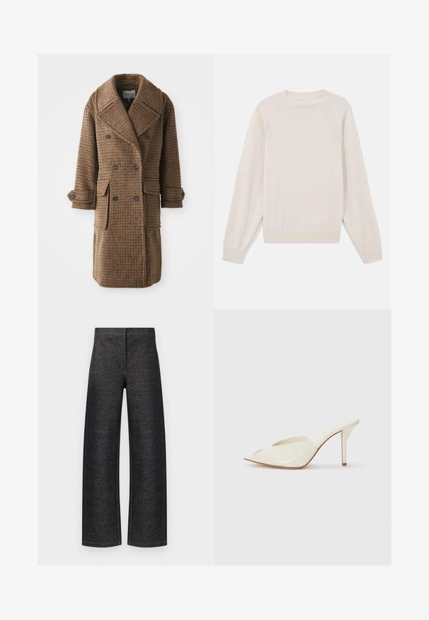 Bruin geruite dubbelgebreide jas met grote revers, twee voorzakken en gebuttonde manchetten. Gemaakt van gestructureerde, geweven stof.; Lichtcreme trui van zacht, gebreid stof. Heeft een ronde hals, lange mouwen en geribde manchetten en zoom met raglanmouwen.; Taille hoge broek in zwart denim. Kenmerkt zich door een textuurafwerking met een schone tailleband en geen zichtbare bevestigingsmiddelen of zakken.; Witte gepatineerde open teen muiltjes met een puntig ontwerp, slanke hoge hak en een gladde textuur; minimalistische stijl met subtiele stikdetails.