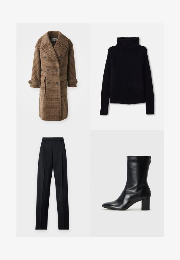 Bruin geruite dubbelgebreide jas met grote revers, twee voorzakken en gebuttonde manchetten. Gemaakt van gestructureerde, geweven stof.; Zwarte, chunky gebreide trui met een hoge ribgebreide col en lange mouwen. Zachte textuur, rechte onderkant en geen zichtbare patronen of versieringen.; Zwarte broek gemaakt van gladde stof met een hoge taille, wijde benen, voorplooien en klassieke ceintuurlussen. Geen zijzakken zichtbaar.; Zwarte leren enkelboot met een spitse neus en een blokhak van 4 cm. Strak ontwerp met een zijrits voor gemakkelijke aan- en uittrekken. Soepele textuur.