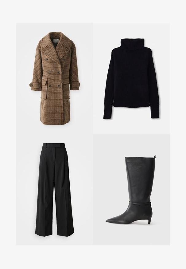 Manteau croisé à carreaux marron avec grands revers, deux poches avant et poignets à boutons. Fabriqué en tissu texturé et tissé.; Pull en maille épaisse noir avec un col roulé côtelé haut et des manches longues. Texture douce, ourlet droit, sans motifs ni embellissements visibles.; Pantalons noirs à jambe large en tissu lisse avec une taille haute, dotés de deux plis frontaux et d'une coupe ajustée.; Botte noire en cuir, montant jusqu'au genou, avec un bout pointu, accentuée par une sangle circulaire autour de la cheville et un petit talon effilé. Texture lisse.