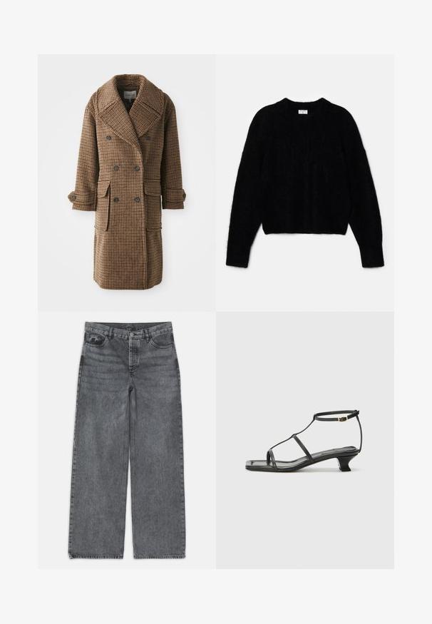 Cappotto doppiopetto a quadri marroni con ampi risvolti, due tasche frontali e polsini con bottoni. Realizzato in tessuto lavorato e testurizzato.; Maglione cropped nero realizzato in materiale soffice. Presenta un colletto rotondo e maniche lunghe con una consistenza morbida. Design minimale, senza fantasie.; Jeans a gamba larga in denim grigio scuro. Presentano una vita alta, design a cinque tasche e chiusura anteriore con bottone. Texture liscia con un leggero sbiadimento.; Sandalo in pelle nera con punta quadrata, cinturini sottili, cinturino alla caviglia regolabile e tacco basso. Presenta un piccolo accento dorato sul cinturino.