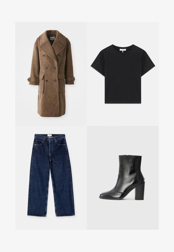 Hnědý kostkovaný dvouřadý kabát s velkými klopami, dvěma předními kapsami a knoflíkovými manžetami. Vyrobený z texturované tkaniny.; Černé zkrácené tričko vyrobené z bavlny, s kulatým výstřihem, krátkými rukávy a jednoduchým designem bez vzorů nebo ozdob.; Tmavě modré džínové kalhoty s širokými nohavicemi, vysokým pasem, předními kapsami a hladkou texturou s jemnými vyšitými detaily.; Černé kožené kotníkové boty s hladkou texturou, špičatou špičkou a robustním vysokým podpatkem. Mají boční otvor a minimalistický design.