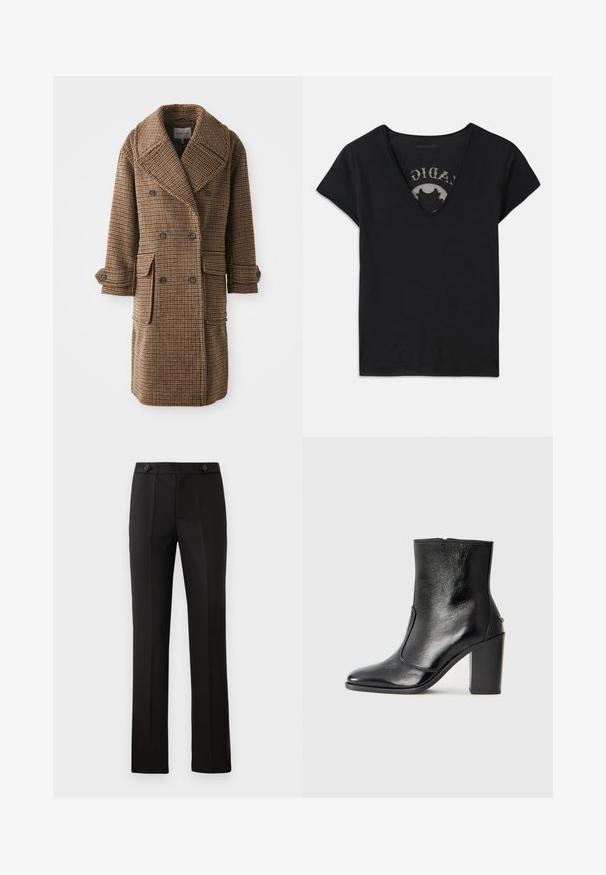 Pruunist ruudulisest kahekordsest mantlist, millel on suured kraed, kaks eesmist taskut ja nööpidega mansetid. Valmistatud tekstuursest, kootud kangast.; Musta lühikeste varrukatega T-särk sügava V-kaelusega, millel on võrkpaneel ja trükitud disain sisekihil. Pehme, hingav kangas.; Mustad kohandatud püksid sirge säärega, kahe esipocketiga, nup closure'iga ja volditud detailidega ees. Sile kangatekstuur.; Must kõvale nahast pahklipsu saapad, millel on sile tekstuur, terav varvas ja paks kõrge kann. Omab külgavatust ja minimalistlikku disaini.