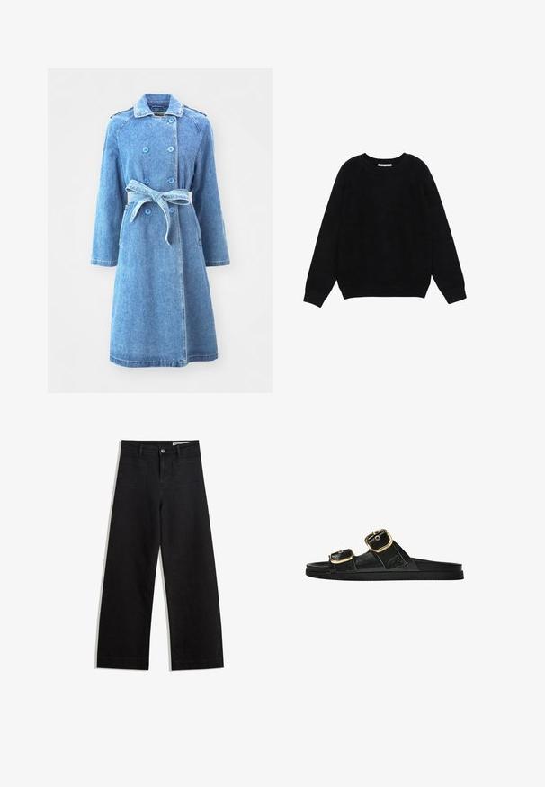 Cămașă din denim de un albastru deschis, cu închidere cu nasturi dubli, talie cu curea, mâneci lungi și două buzunare laterale. Textură netedă, lungime până la genunchi.; Pulover negru cu mâneci lungi și guler rotund, cu manșete și tiv reiat, prezentat întins pe un fundal alb.; Pantaloni din denim negri cu picioare largi, cu talie înaltă, având buzunare frontale și posterioare, cusături dublate și închidere cu nasture. Textură netedă.; Sandalie negre cu toc plat, cu două accente de cataramă aurie, din material texturat neted și design minimalist.