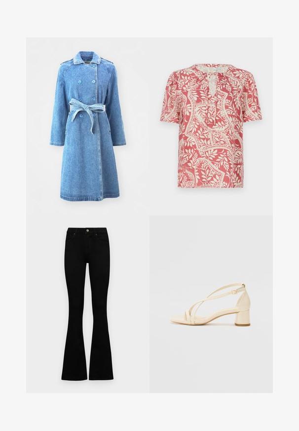 Gaiši zils džinsu mētelis ar dubulto pogu aizdari, jostasvietu, garām piedurknēm un divām sānu kabatām. Gluda tekstūra, līdz ceļiem.; Īsām piedurknēm blūze gaiši sarkanā krāsā ar krēmkrāsas ziedu un ģeometrisku rakstu, ar atslēgas caurumu apakšā un mīkstu, vieglu audumu.; Melni augsta jostas šorti ar pogu un rāvējslēdzēju, priekšējām kabatām un izplestām kājām, nolikti uz balta fona.; Beige augstiem papēžiem ar bloku, ar siksniņu dizainu un regulējamu potītes siksniņu, izgatavoti no gludas sintētiskas materiāla ar matētu apdari.