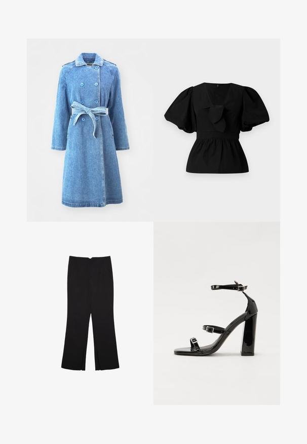 Ljusblå denimjacka med dubbelknäppt knäppning, bälte i midjan, långa ärmar och två sidofickor. Slät textur, knälängd.; Svart bomullsblus med V-hals, puffärmar och en knytaccent i midjan. Bodyn är skrynklad för en peplumform.; Svarta byxor med rak passform, utrustade med framfickor och sidoklyvningar vid fållen. Tillverkade av mjukt, slätt tyg. Lämpliga för olika tillfällen.; Svarta lackerade klacksandaler med fyrkantig tå, ankelremmar och silverfärgade spännen. Har en kraftig blockklack för stabilitet.