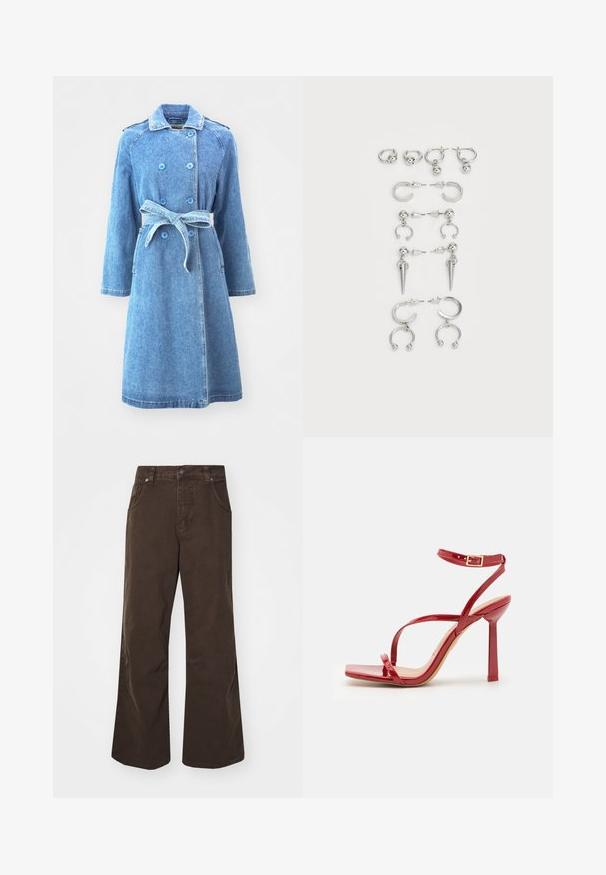 Svetlo modra denim jakna z dvojnim zapiranjem na gumbe, pasom, dolgimi rokavi in dvema stranskima žepoma. Gladka tekstura, do kolen.; Dva prilegača topa v črni in beli barvi. Narejena iz rebrastega bombaža, imata široke naramnice in zaobljene izreze. Oznaka na ovratniku.; Rjave široke hlače iz bombaža, z visokim pasom, sprednjimi žepi in gladko teksturo. Končni detajli vključujejo subtilne šive.; ALDO SCINTILLA - Sandali z visoko peto - red; Komplet srebrnih ušesnih uhani z različnimi oblikami: obroči, stud earrings in viseči slogi, z okroglimi poudarki in koničnimi elementi.