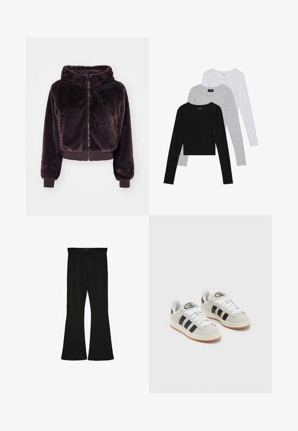 Bruine, fuzzy, cropped hoodie met een ritssluiting, capuchon en ribbelmanchetten. Zachte textuur, met een effen kleur zonder patronen of accenten.; Drie langmouwige tops gestapeld: zwart, grijs en wit. Elke top heeft een ronde halslijn en een cropped ontwerp van soepel, lichtgewicht materiaal.; Zwarte flare leggings gemaakt van rekbaar materiaal. Beschikt over een brede tailleband en een zachte textuur, met een getailleerd silhouet dat uitloopt bij de zoom.; Grijze nubucklederen sneakers met witte veters, zwarte strepen en een witte rubberen zool. Bevat een rond logo op de tong en een gumzool.
