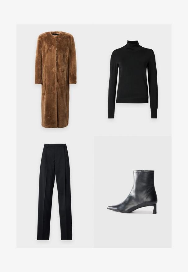 Brūns mākslīgās kažokādas mētelis, līdz ceļiem, taisna silueta, apaļa apkakle, garas piedurknes un bezšuvju paneļi ar mīkstu, teksturētu apdari.; Melnas garām piedurknēm turtlenecks džemperis ar ribotām aprocēm un apakšmali, attēlots uz vienkārša balta fona.; Melnas bikses, izgatavotas no gludas auduma, ar augstu vidukli, platiem bikšu galdniekiem, priekšējiem krokām un klasiskām jostu cilpām. Sānu kabatas nav redzamas.; Melnas ādas potītes zābaki ar norādītu pirkstu un elegantu dizainu. Iezīmē zemu papēdi un rāvējslēdzēja aizdari aizmugurē. Gluda tekstūra.