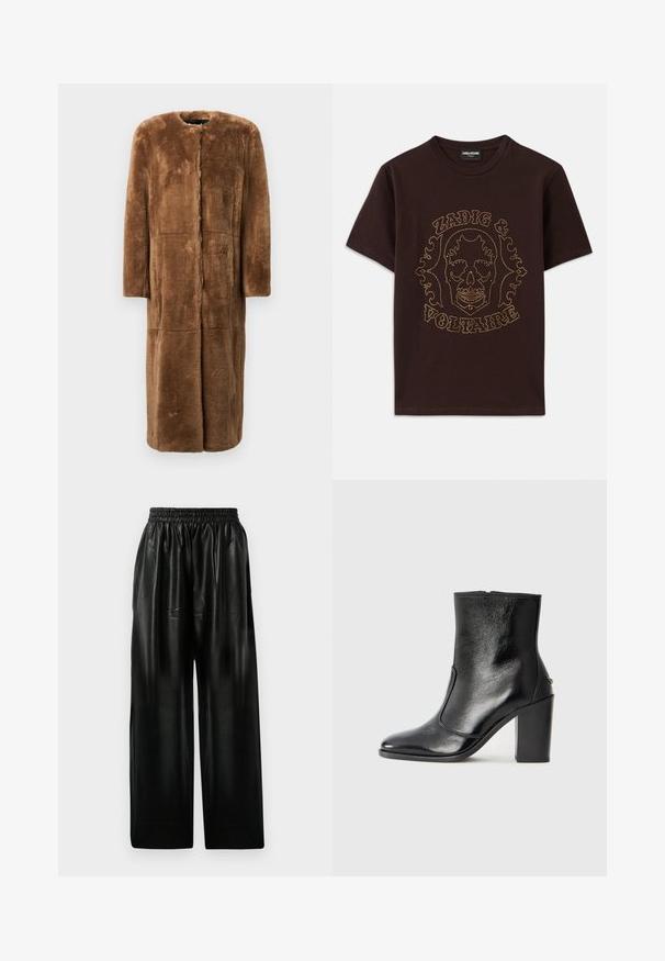 Brown faux fur coat, knee-length, straight silhouette, round neckline, long sleeves, and seamless panels with a soft, textured finish.; Black t-shirt made of cotton, featuring a skull graphic outlined in gold studs with "Zadig & Voltaire" text, short sleeves and crew neck.; Black leather wide-leg pants with an elastic waistband, featuring two side pockets and a smooth, shiny texture.; Black leather ankle boot with a smooth texture, pointed toe, and a chunky high heel. Features a side opening and minimalistic design.