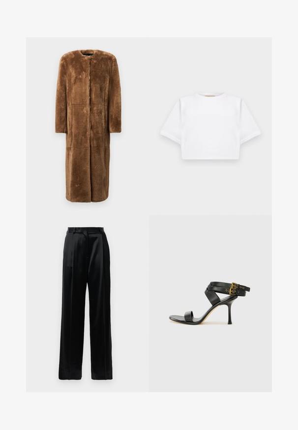 Barna műszőrme kabát, térd hosszúságú, egyenes sziluett, kerek nyakú, hosszú ujjú, és varrás nélküli panelek, amelyek puha, texturált felülettel rendelkeznek.; Rövid ujjú, puha anyagból készült, vágott fehér póló, kör alakú nyakkivágással és bordázott alsó résszel. Egyszerű és díszítetlen kialakítás.; Fekete magas derekú selyem nadrág, egyenes, széles lábakkal, övhurkokkal és lapos elülső záródással, sima fehér háttér előtt.; Fekete magassarkú szandál keresztpántos dizájnnal és állítható csattal. Simább felülettel és hegyes tűsarkúval rendelkezik.