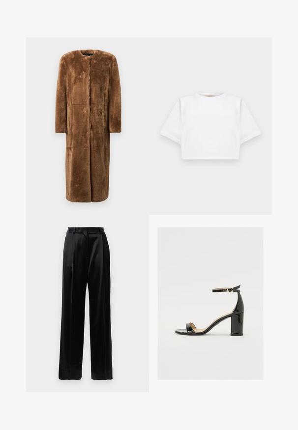 Rudas dirbtinė kailio striukė, iki kelių, tiesi siluetas, apvalus iškirpimas, ilgos rankovės ir be siūlių panelės su minkštu, tekstūruotu paviršiumi.; Trumpas baltas marškinėliai iš minkštos medžiagos, su trumpomis rankovėmis, apvaliu iškirpimu ir raukšlėtais hemų detalėmis. Paprastas ir be puošmenų dizainas.; Juodos satino kelnės su aukštu liemeniu, tiesiais plačiais kojais, diržo kilpomis ir plokščiu uždarymu prieš baltą fono.; Juodas lakinės odos sandalai su plačiu kulnu, atvira koja ir kulkšnies juostele, turinčia auksinę sagtį. Lygi tekstūra ir elegantiškas dizainas.