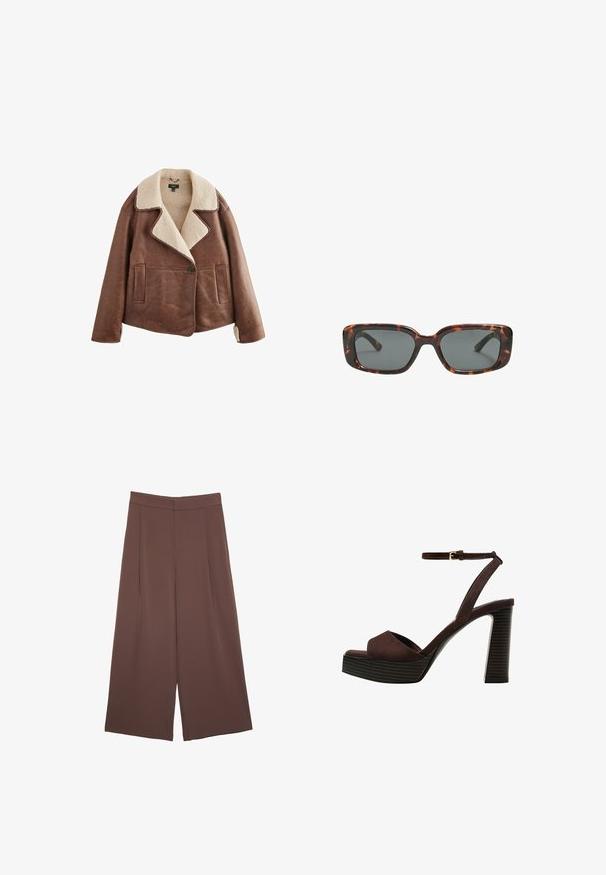 Brun läderjacka med en beige fårskinnskrage, långa ärmar, knäppning med knappar och två framfickor. Mjuk textur med ett varmt utseende.; Mörkbrun stickad tröja med rundad halsringning, sänkta axlar, ribbade ärmslut och nederkant, med en mjuk textur och avslappnad passform.; Bruna vida byxor med en slät textur, som har hög midja och framfickor. Tyget är lätt och flödar löst.; Bruna mocka högklackade sandaler med öppen tå, justerbar vristrem och en randig plattformssula.; Sköldpaddsmönstrade solglasögon med rektangulära linser, tjocka bågar och mörkt tonade linser. Slät yta och minimalistisk design.