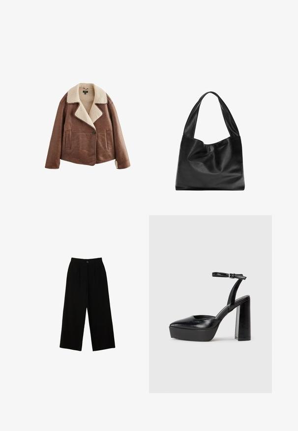 Ruskea nahkatakki, jossa on vaaleanbeige nahkarivistö, pitkät hihat, napitus edessä ja kaksi etutaskua. Pehmeä rakenne ja lämmin ulkonäkö.; Valkoinen T-paita, joka on valmistettu pehmeästä ja kevyestä kankaasta. Omistaa pyöreän kaula-aukon ja lyhyet, leveät hihat rentoa istuvuutta varten. Ei näkyviä kuvioita.; Mustat leveät housut, jotka on valmistettu sileästä materiaalista. Housuissa on korkea vyötärö, etutaskut ja yksi yläpainike.; Mustat korkeat platform-kengät, joissa on terävä kärki ja säädettävä nilkkaremmi. Valmistettu sileästä nahasta ja varustettu paksulla lohkokorkeudella.; Musta nahkainen olkalaukku, jossa on pehmeä, roikkuva muotoilu, leveät kahvat ja sileä pinta. Ei näkyviä metalliosia tai koristeluja.