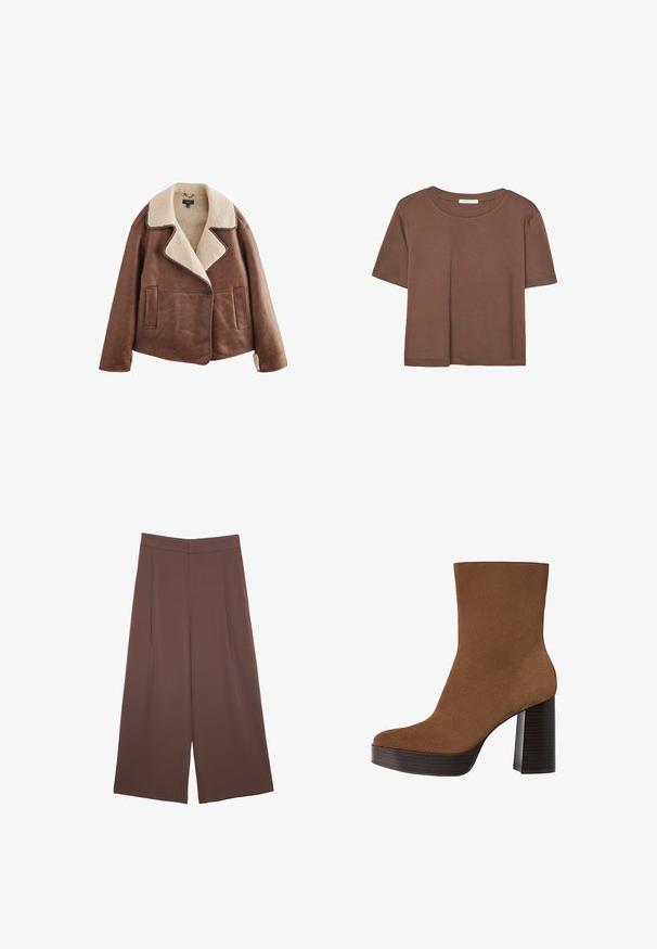 Brown leather jacket with a beige shearling collar, long sleeves, button closure, and two front pockets. Soft texture with a warm appearance.; Brown short-sleeve t-shirt made of soft fabric, with a round neckline and relaxed fit. No visible patterns or accents.; Brown wide-leg trousers with a smooth texture, featuring a high waist and front pleats. The fabric is lightweight and flows loosely.; Brown suede ankle boot with a rounded toe, chunky black striped heel, and a smooth surface. Features a fitted design without visible hardware.