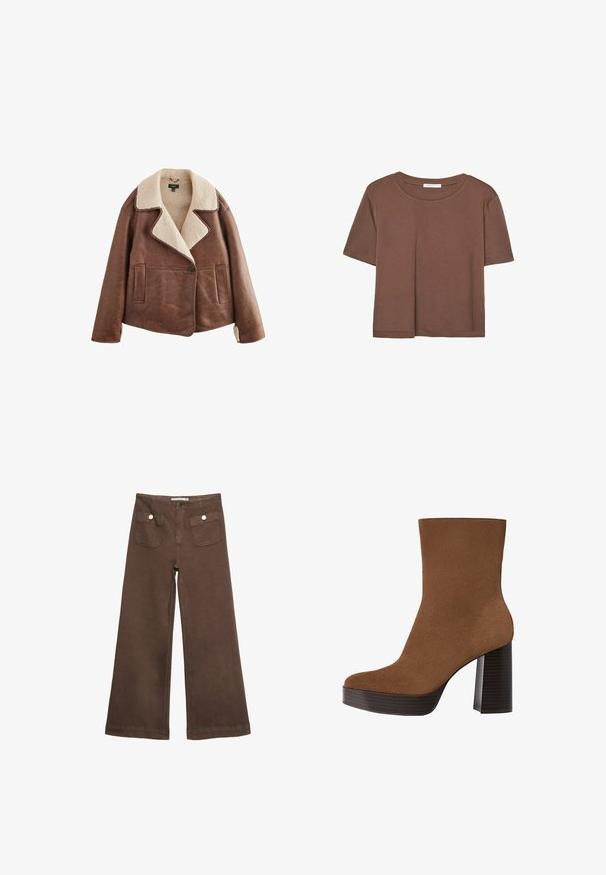 Ruskea nahkatakki, jossa on vaaleanbeige nahkarivistö, pitkät hihat, napitus edessä ja kaksi etutaskua. Pehmeä rakenne ja lämmin ulkonäkö.; Kahvinsävyinen lyhythihainen t-paita, joka on valmistettu pehmeästä kankaasta. Pyöreä pääntie ja rento malli. Ei näkyviä kuvioita tai koristeita.; Ruske leve bukser i bomuld med to forlommer med sølvknapper og en glat overflade.; Ruskea nahkasaapas nilkkapituudelta, jossa on pyöreä kärki, paksu mustasuuntainen korko ja sileä pinta. Omistaa istuvan muotoilun ilman näkyvää kiinnitystä.