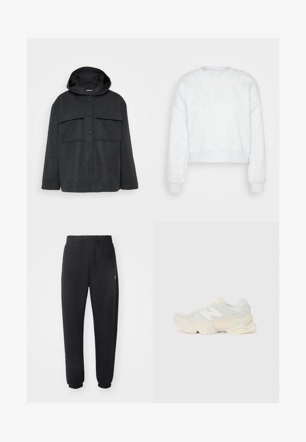 Casaco capuz de cor cinza escuro, feito de um tecido texturizado. Apresenta dois bolsos no peito e um fecho frontal com botões pretos.; Sweatshirt cropped de manga longa cinza claro, com punhos canelados e gola redonda alta, apresentado sobre um fundo claro e liso.; Calças de treino pretas feitas de material suave, com cintura elástica, cordão e punhos ajustados, apresentando um logótipo discreto na lateral.; Sapatilha leve com um upper em malha e camurça em tons suaves de creme, com uma sola robusta e acentos tridimensionais.