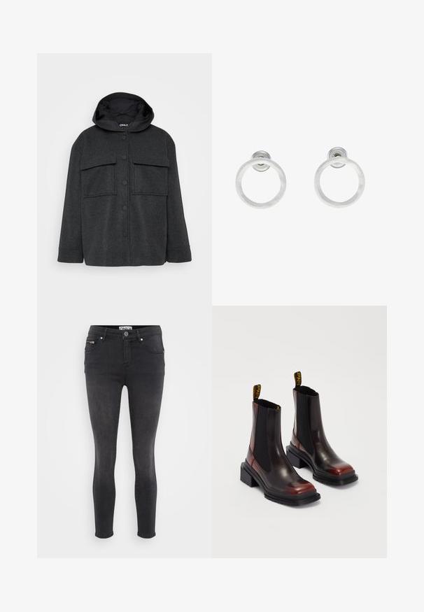 Tumehall hallidega jope, mis on valmistatud tekstuuritud kangast. Sellel on kaks rinna taskut ja esine nööbiga kinnitamine mustade nuppudega.; Even&Odd Petite 3 PACK - Pikkade varrukatega topp - black/white/light green; Mustad mustad teksad. Ees on nööp sulgemine ja sirge tasku vööl. Sile tekstuur minimaalsete plekkidega.; Dr. Martens MAYBOLE CHELSEA - Platvormtallaga poolsaapad - black/cherry red; Hõbedased metallist rõngastooted, millel on harjatud tekstuur, ümmargune disain ja selge tagumine post, tagamaks kindlat kandmist.