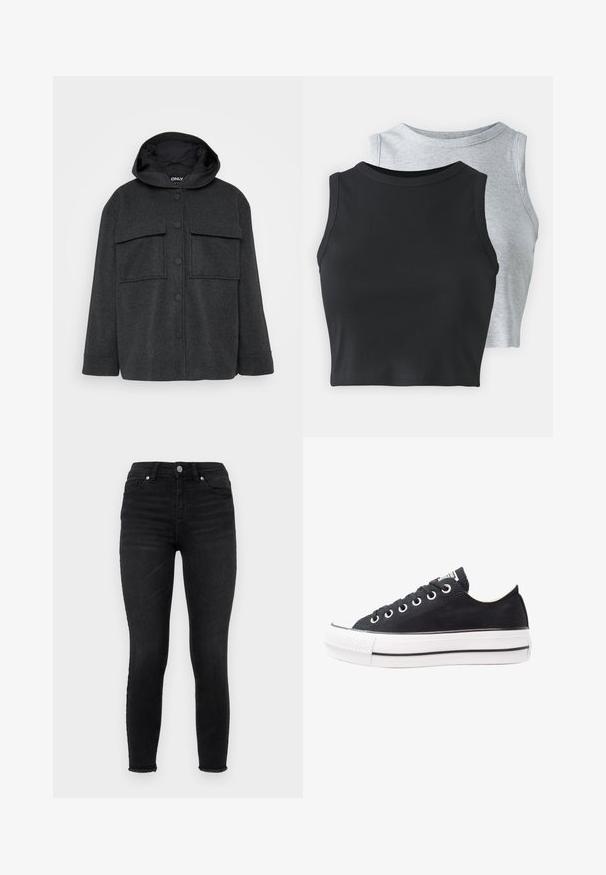Sötétszürke kapucnis dzseki, textúrált anyagból készült. Két mellzsebbe és elöl gombos záródással rendelkezik, fekete gombokkal.; Even&Odd Petite 2 PACK - Felső - light grey/black; Fekete, skinny farmernadrág, magas derékkal, elülső zsebekkel és rojtos szegéllyel. Simító textúra, klasszikus öt zsebes kialakítással.; Fekete vászon sportcipő fehér gumitalppal, kerek orral, alacsony tetejű dizájnnal, fémbemenetes lyukakkal és textúrált orral. Vékony fekete csík a talpon.