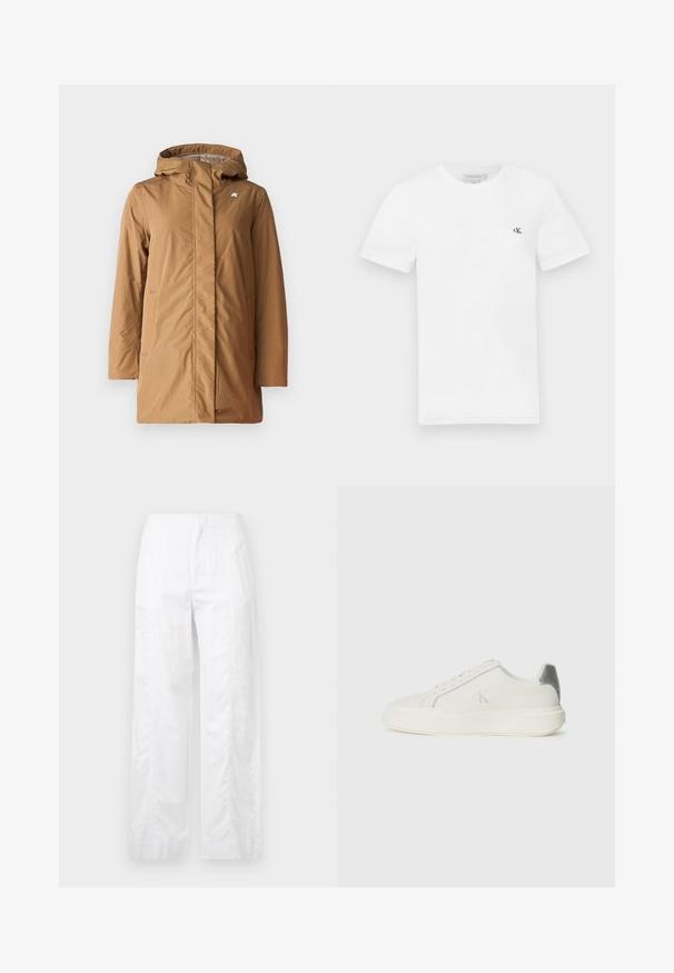 K-Way SOPHIE SOFT TOUCH - Geacă - beige; Tricou alb din bumbac, cu mâneci scurte și decolteu rotund. Prezintă un mic logo negru "ck" pe pieptul stâng. Textură netedă.; Pantaloni albi cu croială largă, fabricați dintr-un material ușor, având o textură netedă, linii curate și un design cu talie înaltă.; Sneaker alb din piele cu o textură netedă, având un accent argintiu pe călcâi, talpă plată și un design minimalist.