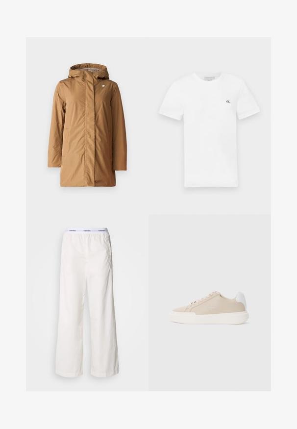 K-Way SOPHIE SOFT TOUCH - Abrigo de invierno - beige; Camiseta de algodón blanca de manga corta y cuello redondo. Presenta un pequeño logo negro "ck" en el lado izquierdo del pecho. Textura suave.; Pantalones blancos de pierna ancha con una cintura elástica que presenta un logotipo de Calvin Klein en contraste. Fabricados en un tejido suave, ofrecen un ajuste relajado.; Zapatilla de cuero beige con acento blanco en la parte trasera, suela blanca plana y costuras tonales con detalle del logo en el costado.