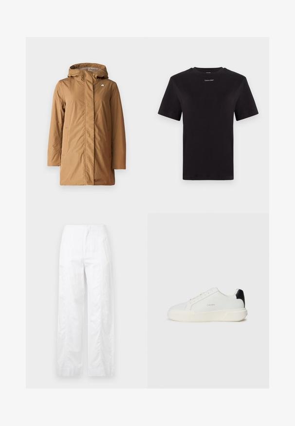 K-Way SOPHIE SOFT TOUCH - Téli kabát - beige; Fekete pamut póló rövid ujjakkal, kerek nyakkivágással és kis fehér "Calvin Klein" logóval a mellkasnál. Simás textúra, klasszikus fazon.; Fehér, széles szárú nadrág könnyű anyagból, sima textúrával, letisztult vonalakkal és magasderék kialakítással.; Fehér sneaker sima bőr felsőrésszel, kerek orral, fűzőzárral és kontrasztos fekete sarokdísszel. Texturált gumitalppal rendelkezik.