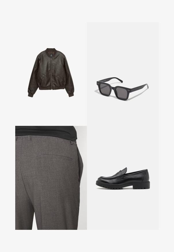 Giubbotto bomber in pelle marrone con chiusura a zip, colletto e polsini a costine, due tasche frontali e finitura testurizzata.; Maglione color crema con collo a camicia, chiusura a quattro bottoni, ampi polsini a coste e orlo. Texture morbida, vestibilità rilassata e design minimale.; Pantaloni grigi su misura con una texture liscia, dotati di una sola tasca posteriore e un design slim fit. Il tessuto presenta un motivo sottile.; Mocassini in pelle nera con punta arrotondata, design senza lacci e suola in gomma spessa con battistrada testurizzato. Tacco elevato e dettagli di cucitura discreti.; Occhiali da sole neri rettangolari con lenti scure, dotati di una montatura spessa, accenti sottili sui lati e senza loghi visibili oltre al nome del marchio.; Borsa in cotone color crema con un grande logo turchese caratterizzato da linee curve. La borsa ha manici in tessuto robusto per il trasporto.
