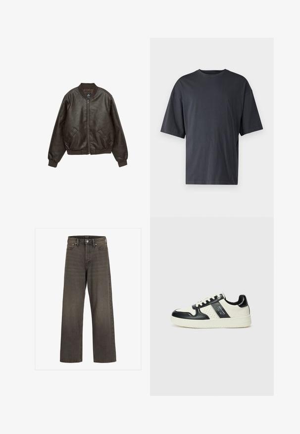 Veste aviateur en cuir marron avec fermeture éclair, col et poignets côtelés, deux poches avant et une finition texturée.; T-shirt à manches courtes gris foncé en coton léger, avec une coupe ample et un col rond classique, présentant une texture unie et sans motifs.; Jean large en denim gris foncé, avec une taille haute, un design classique à cinq poches et des coutures contrastantes le long des coutures.; Baskets en cuir avec un schéma de couleurs noir et crème, dotées d'accents perforés, d'un col rembourré et d'une semelle texturée.