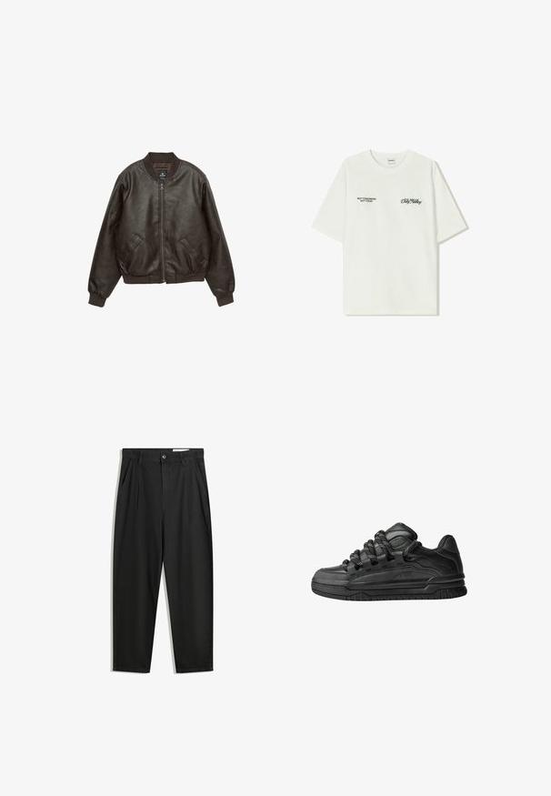 Bruine leren bomberjack met een ritsluiting, ribbelkraag en -manchetten, twee voorzakken en een gestructureerde afwerking.; Witte katoenen T-shirt met korte mouwen. Aan de voorkant staat in zwarte tekst: "NIET MORGEN NIET VANDAAG" en "DE KUNST VAN VUIL VERPLAATSEN" in groene cursieve letters.; Zwarte katoenen broeken met een losse pasvorm, voorzien van een klassieke tailleband, voorplooien en zijzakken. Gladde structuur zonder patronen.; Zwarte sneakers met een glad leren bovenwerk, gearceerde accenten en ronde zwart-witte veters. Dikke rubberen zool met een geprofileerd loopvlak.