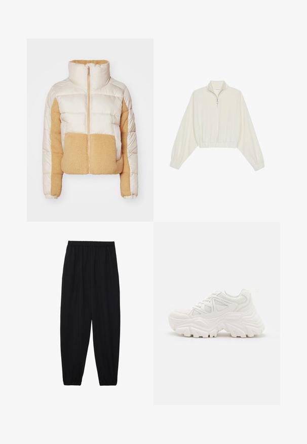 Geacă umplută crem și bej cu guler înalt, având țesătură matlasată și un panou moale, pufos din polar în față și pe lateral.; Pulover scurt din stofă crem, cu guler înalt, închidere cu fermoar pe jumătate, elastic la margini și la manșete, cu o textură netedă și un design minimalist.; Pantaloni negri, ușori, cu un brâu elastic și tivuri strânse. Materialul este neted și are un design relaxat, conic.; Adidași albi chunky, cu un superior texturat, panouri din plasă și tălpi de cauciuc groase, cu un model de profil proeminent. Inclusiv șireturi și tab de prindere.