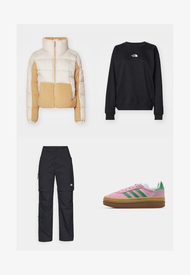 Cream and tan puffer jacket with a high collar, featuring quilted fabric and a soft, fuzzy fleece panel on the front and side.; Black sweatshirt crafted from cotton blend, featuring a round neckline, long sleeves, ribbed cuffs, and a small white logo on the chest.; Black nylon zip-off cargo trousers with adjustable cuffs, multiple pockets, and a logo on the right leg. Smooth, lightweight texture.; Pink suede sneakers with green stripes, white accents, and a brown rubber sole. Features textured fabric and logo detailing on the side.