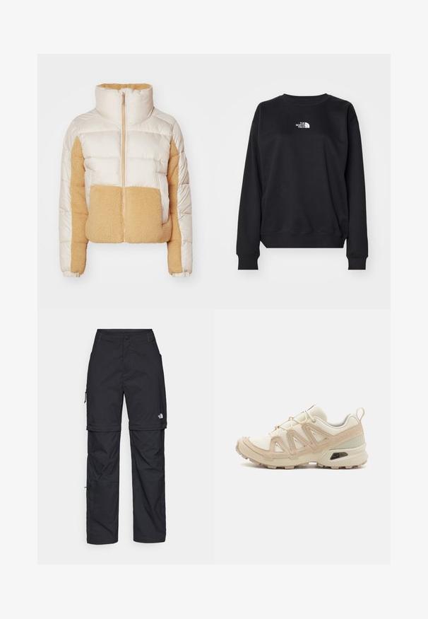 Cream and tan puffer jacket with a high collar, featuring quilted fabric and a soft, fuzzy fleece panel on the front and side.; Black sweatshirt crafted from cotton blend, featuring a round neckline, long sleeves, ribbed cuffs, and a small white logo on the chest.; Black nylon zip-off cargo trousers with adjustable cuffs, multiple pockets, and a logo on the right leg. Smooth, lightweight texture.; Beige and cream athletic shoe with textured mesh upper, supportive overlays, and rubber outsole featuring a tread pattern for traction.