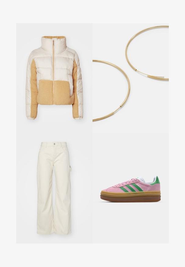 Kremna in svetlo rjava puhovka z visokim ovratnikom, ki ima prešito tkanino in mehak, puhast flis panel spredaj in ob straneh.; Kratka majica z dolgimi rokavi v leopardjem printu, z črnim rebrastim robom in tremi belimi črtami ob vsakem rokavu. Ima majhen logotip na prsih.; Hlače širokih nogavic iz svetlo bež tkanine, z visokim pasom, sprednjimi žepi in stranjo z zanko za dodatno funkcionalnost.; Roza semširna športna obutev z zelenimi črtami, belimi detajli in rjavim gumijastim podplatom. Ima teksturovan material in logotip na strani.; Zlate obroče ušesne uhane, tanke in krožne oblike, z gladko kovinsko površino brez okrasnih elementov ali vzorcev.