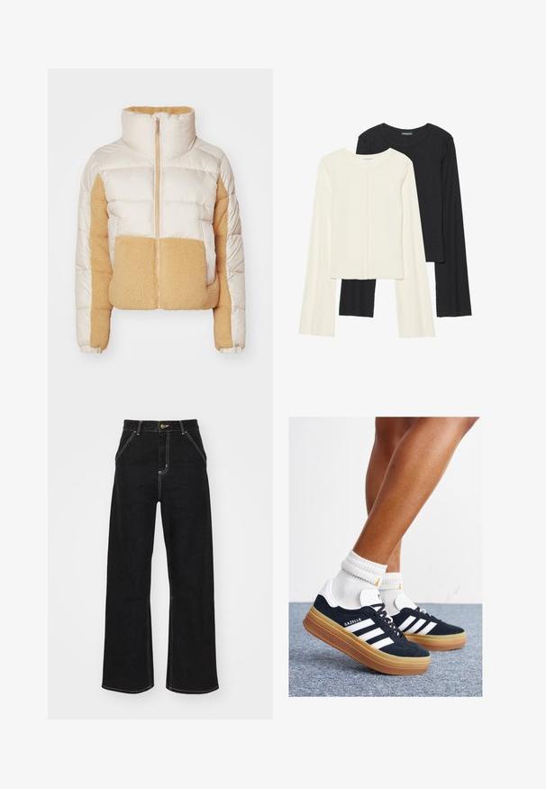 Cremefarbener und tanfarbener Pufferjacke mit hohem Kragen, ausgestattet mit gestepptem Stoff und einem weichen, flauschigen Fleeceeinsatz an der Front und an den Seiten.; Set aus zwei Langarmoberteilen in Weiß und Schwarz. Rippstruktur, Rundhalsausschnitt, figurbetontes Design mit leicht ausgestellten Ärmeln.; Schwarze weit geschnittene Jeans aus Denim, mit kontrastierenden weißen Nähten und einem vorderen Knopfverschluss, ausgestattet mit zwei schrägen Fronttaschen.; Schwarze Wildledersneaker mit weißen Streifen und Akzenten, rundlicher Zehenbereich, Sohlen aus braunem Gummi, kombiniert mit weißen, gerippten Sneakersocken.