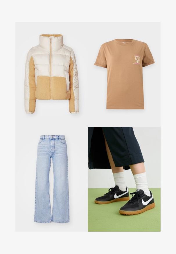 Kerman ja tan väri puffer-takki, jossa on korkea kaulus, tikattu kangas ja pehmeä, pörröinen fleece-paneeli edessä ja sivuilla.; Ruskea puuvillapaita lyhyillä hihoilla. Vasemmassa rintapielessä on pieni, värikäs grafiikka, joka kuvaa auringonlaskuteemaa.; Roxy MILLA - Leveälahkeiset - glacier; Mustat nahka- ja synteettiset urheilukengät, joissa on valkoinen Nike-merkki, kuminen pohja, pyöreä kärki ja mustat nauhat. Raitapintaiset valkoiset sukat näkyvissä.