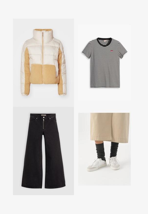 Cream and tan puffer jacket with a high collar, featuring quilted fabric and a soft, fuzzy fleece panel on the front and side.; Black and white striped T-shirt made of cotton. Features a round neckline and a small red Levi's logo on the chest. Short sleeves.; Wide-leg jeans in black denim with a zippered front, five-pocket design, and subtle stitching details. Smooth texture and casual style.; White and gray sneakers with a black heel accent, featuring a smooth leather upper and textured suede toe. Worn with dark gray slouchy socks.