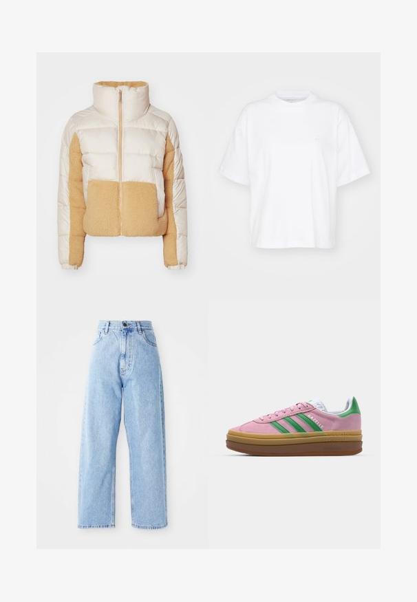 Crème en tan pufferjack met een hoge kraag, voorzien van een gequilt stof en een zachte, fluffy fleecepaneel aan de voorkant en zijkanten.; Witte katoenen t-shirt met een ronde hals, korte mouwen en een ontspannen pasvorm. Heeft een subtiel logo op het linkerborstgedeelte. Zachte textuur.; Hogewaisted lichtblauwe denim jeans met rechte wijde pijpen, voorste knoop, ritssluiting en voor- en achterkant zakken.; Roze suede sneakers met groene strepen, witte accenten en een bruine rubberen zool. Heeft een gestructureerde stof en logodetails aan de zijkant.