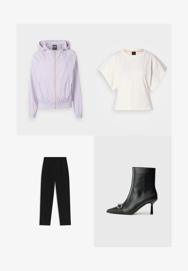 Light purple hooded jacket with elastic hem and cuffs, featuring a front zipper closure and gold-toned hardware. Smooth fabric texture.; White cropped T-shirt, short wide sleeves, soft cotton material, round neckline with subtle orange trim, minimal design, no patterns or graphics.; Black trousers with a straight fit, featuring double pleats, a smooth texture, and a classic waistband design. No visible hardware or accents.; Black leather ankle boot with pointed toe, slim mid-height heel, and silver buckle detail on side against plain background.