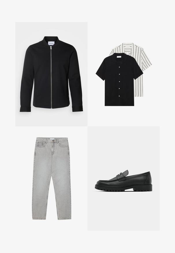 Svart bomberjakke laget av bomullsblanding, med stående krage, fronten glidelås og mansjetterte ermer. Glatt tekstur og minimalistisk design.; To korte ermer skjorter: en i ensfarget svart, en hvit med svarte vertikale striper. Begge har knappelukkinger og klassisk krage.; Lys grå denimbukser med rett ben-design, fem lommer og knappelukking. Synlig søm langs sømmene.; Sorte lærloafere med rund tå, med en syddesign, lav plattformsåle og en teksturert, ruggede gummisåle.