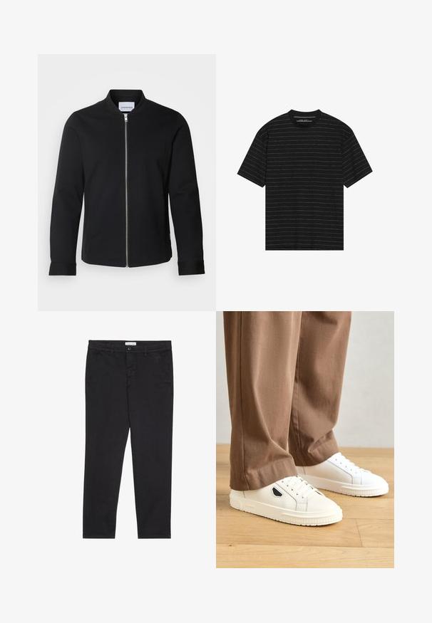 Jaqueta bomber preta feita de uma mistura de algodão, com colarinho alto, fecho frontal com zíper e mangas com punhos. Textura suave e design minimalista.; T-shirt preto de manga curta com finas riscas horizontais brancas. Feito de um tecido suave com decote redondo e corte descontraído.; Calças de algodão pretas com um corte justo, apresentando dois bolsos laterais e um fecho frontal com botão. Tecido texturizado com detalhes subtis.; Sapatilhas brancas em pele com perfil baixo, bico arredondado e detalhe em preto nas laterais. Atacadores e sola de borracha texturizada visíveis.